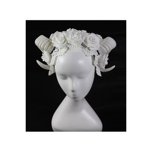 White Horn and Rose Gothic Lolita Headdress Cosplay